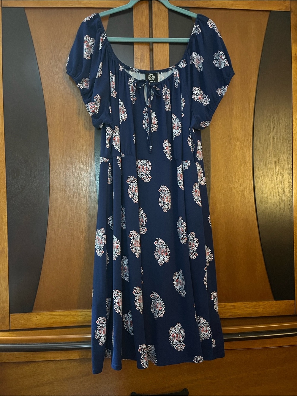 NWT Bobeau Navy Paisley Tie-Front Midi Dress w/Full Elastic Neck & Puff Sleeves